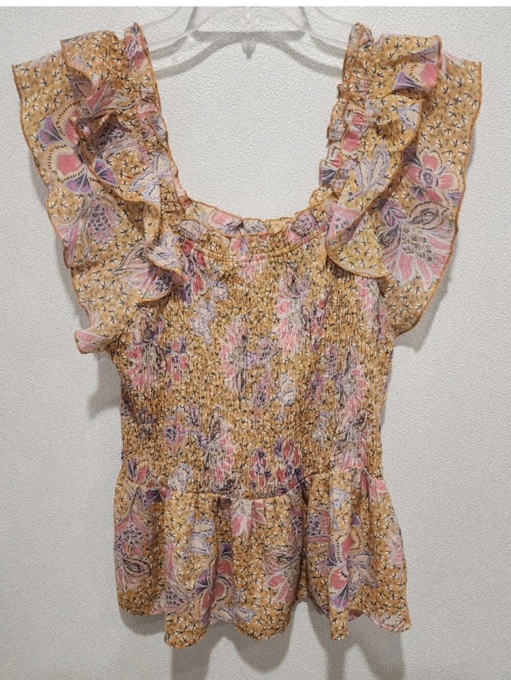 Nanette Lapore Smocked Top Size Large Yellow Ruffle Cap Sleeves Square Neck Boho